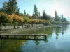 Lac d'Annecy - Pontons en bois du lac et rive avec des arbres aux couleurs de l'automne