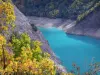 Lac du Chambon - Branches d'un arbre en premier plan avec vue sur la retenue d'eau couleur turquoise ; dans la vallée de la Romanche