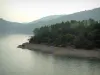 Lago de Saint-Cassien - Las masas de agua, banco con vegetación y árboles, colinas boscosas en el fondo