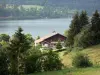 Lago de Saint-Point - Malbuisson Lake (lago natural), bancos, árboles y casa de campo