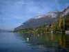 Lake Annecy - Lago, bóias amarelas, árvores de outono, casas, floresta e montanha