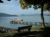 Lake Annecy - Shore com um banco e uma árvore, lago, pontões de madeira, barco e colinas no fundo