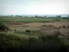 Landscapes of the Brittany coast - Shrubs and fields with roofs of houses and sea (Atlantic Ocean) in background