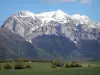 Landscapes of Dauphiné - Trièves: pasture, trees, forest and snow-capped mountain