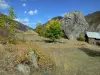 Landscapes of Dauphiné - Oisans - Road of the Col de Sarenne pass: Hamlet of Le Perron and its rock, trees and mountains