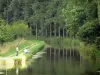 Landscapes of the Seine-et-Marne - Ourcq canal, fishermen on the towpath and trees along the water