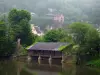 Lavardin - Lavoir (communal laundry washing place) by the Loir River, trees and houses of the village