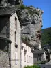 La Malène - Facades of houses and La Barre rock; in the heart of the Tarn gorges; in the Cévennes National Park