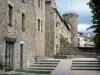 Le Malzieu-Ville - Bodon tower, flower-bedecked well and stone facades of the medieval town