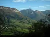 Massif des Bauges - Parc Naturel Régional du Massif des Bauges : arbres en premier plan, village, alpages, forêts, montagnes et nuages dans le ciel bleu