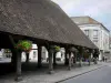 Milly-la-Forêt - Wooden covered market hall with flowers and facades of houses in the village