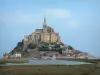 Mont-Saint-Michel - Kleine felsige Insel Mont-Saint-Michel mit Abteikirche und Abteigebäude der Benediktinerabtei, Häuser und Befestigungsmauern der mittelalterlichen
Stätte (Dorf) und salzige Wiesen