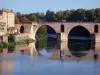 Montauban - Old bridge spanning River Tarn and facades of houses in the town