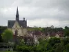 Montrésor - Colegiata de estilo gótico, casas de pueblo, los árboles y el cielo nublado