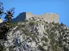 Montségur castle - Cathar fortress (remains, ruins) and its rocky outcrop (pog)