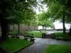 Mount Sainte-Odile - Convent (monastery): big courtyard with lime trees, benches, lawn and flowers