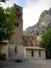 Moustiers-Sainte-Marie - Notre-Dame-de-l'Assomption church and its bell tower, trees and cliff