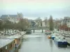 Nantes - Erdre, barcazas amarradas a los muelles, árboles, edificios y la Catedral de San Pedro y San Pablo