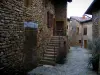 Oingt - Pueblo medieval con calles adoquinadas, con casas de piedra, en la Tierra de Oro de Piedra (Beaujolais)