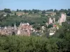 Ouriço - Vista da aldeia de Hérisson rodeado por vegetação: casas da vila medieval, torre sineira de Saint-Sauveur, igreja de Notre-Dame e castelo feudal dominando o conjunto