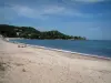 Paisajes del litoral corso - Costa de las Perlas: Favone cala con playa de arena y la costa mediterránea del mar salpicado de árboles
