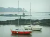 Paisajes del litoral de Loira Atlántico - Barcos (veleros), algas, rocas, mar (Océano Atlántico) en la playa, y los árboles en el fondo