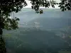 Paisajes de Tarn - Ramas de los árboles en primer plano con vistas al convento en la cima de la colina (península) Ambialet