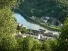 Parc Naturel Régional des Ardennes - Vallée de la Meuse : vue sur les toits de la ville de Monthermé et le fleuve Meuse depuis la Roche à Sept Heures ; arbres en premier plan