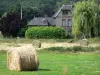 Paysages de l'Eure - Maison à colombages entourée d'arbres, et bottes de foin dans un pré en premier plan