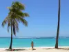 Paysages de la Guadeloupe - Plage de la Feuillère, sur l'île de Marie-Galante : cocotiers et sable blanc de la plage avec vue sur le lagon aux eaux turquoises