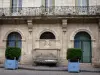 Pézenas - Old town: former consular house (Art professions house), shrubs in jars, paved ground