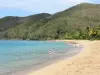 Playa de Gran Ensenada - Playa de arena rubia, vegetación y el mar Caribe con los bañistas ; en el municipio de Deshaies y la isla de Basse - Terre