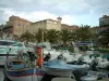 Propriano - Port and its boats, line of palm trees and houses of the seaside resort