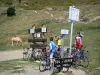 Puerto de Aspin - Los ciclistas (los aficionados al ciclismo) detener el Col d'Aspin (puerto de montaña de los Pirineos), signo de la altura del paso (1490 metros), y los pastos de vacas en el fondo