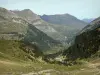 Pyrenees landscapes - Gavarnie cirque (in the Pyrenees National Park): view of the cirque's hotel surrounded by pine trees while climbing up, village of Gavarnie in the distance and mountains