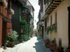 Riquewihr - Narrow paved street decorated with flowers, half-timbered houses decorated with flowers