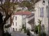 Roquecor - Sloping street, tree and facades of houses in the village; in Quercy Blanc 