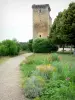 Roquetaillade castle - Roquetaillade park: flower bed and driveway leading to the tower of the old castle 