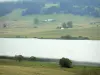 Les Rousses - Lac des Rousses, alpages (pâturages), maisons et arbres ; dans le Parc Naturel Régional du Haut-Jura