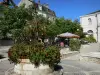 Ruffec - Armes square: flower-bedecked well, trees, café terrace and buildings, town hall