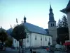 Saint-Gervais-les-Bains - Saint-Gervais church, trees and café terrace of the spa town