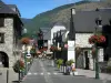 Saint-Lary-Soulan - Spa y esquí: pueblo, calle bordeada de casas, tiendas y farolas de floración (flores) en el valle de Aure