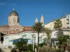 Saint-Raphaël - Palm trees, Casino and church (Notre-Dame-de-la-Victoire-de-Lépante basilica) of neo-Byzantine style