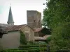 Salles - Trees, hedges, stone houses, keep and church bell tower of the village
