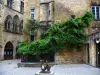 Sarlat-la-Canéda - Marché-aux-Oies square with its sculpture, Vassal mansion and Plamon mansion, in Périgord