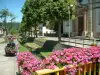 Sundgau - Kerk en huizen een rij langs de rivier met kleine brug versierd met bloemen (dorp Hirtzbach)