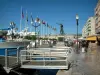 Toulon - The Cronstadt quay with its jetty, lampposts, statue (the Navigation Genius), line of flags, boats in the port (Darse Vieille) and buildings of the city