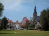 Touquet-Paris-Plage - Garden (lawn), trees, church, houses and market hall