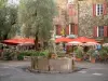 Tourtour - Fountain, olive trees, café terrace with red parasols and houses of the village