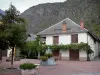 Valbonnais - Village d'Entraigues : place avec fontaine, arbre et fleurs, maisons du village et montagne en arrière-plan